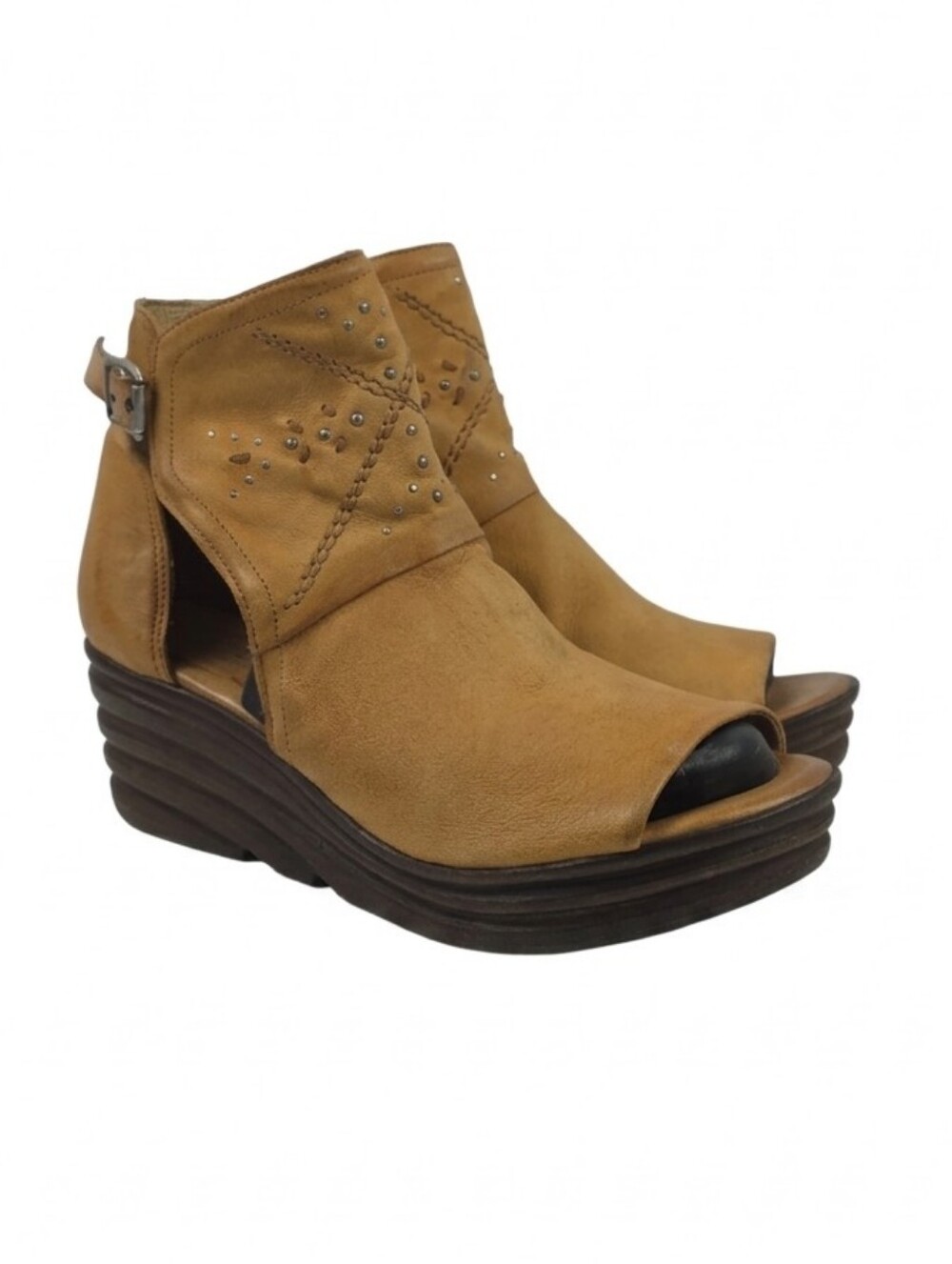 Miz Mooz Atlas Peep Toe Tan Leather Wedges Women's Bootie Size EU 41 - US 9.5
